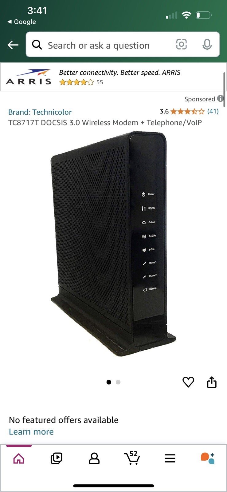 OEM Technicolor Internet Cable Modem Model TC8715D, No Power Cord
