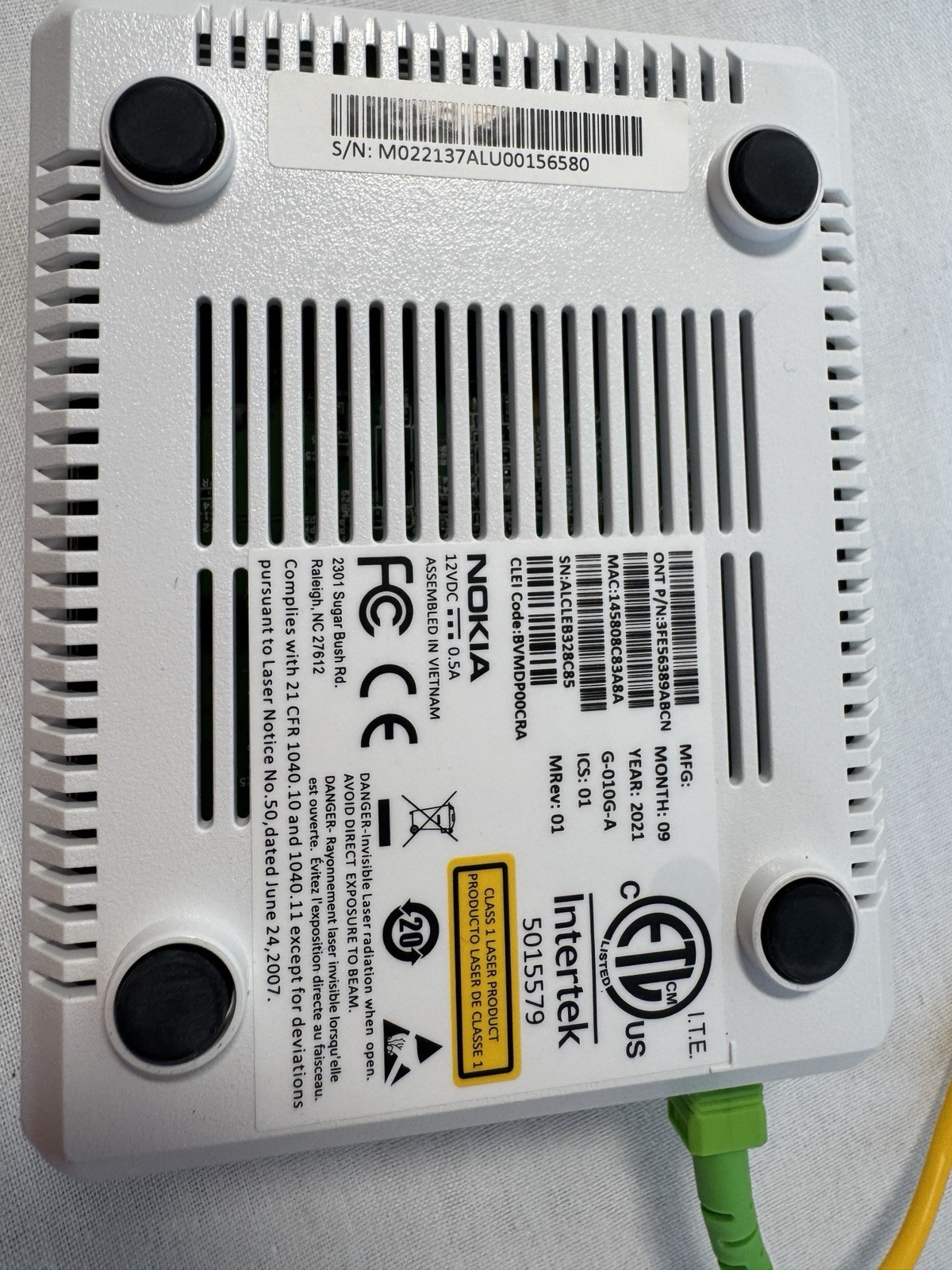 Nokia Intertek Fiber Optix Ethernet Network Terminal ONT MODEM G-010G-A