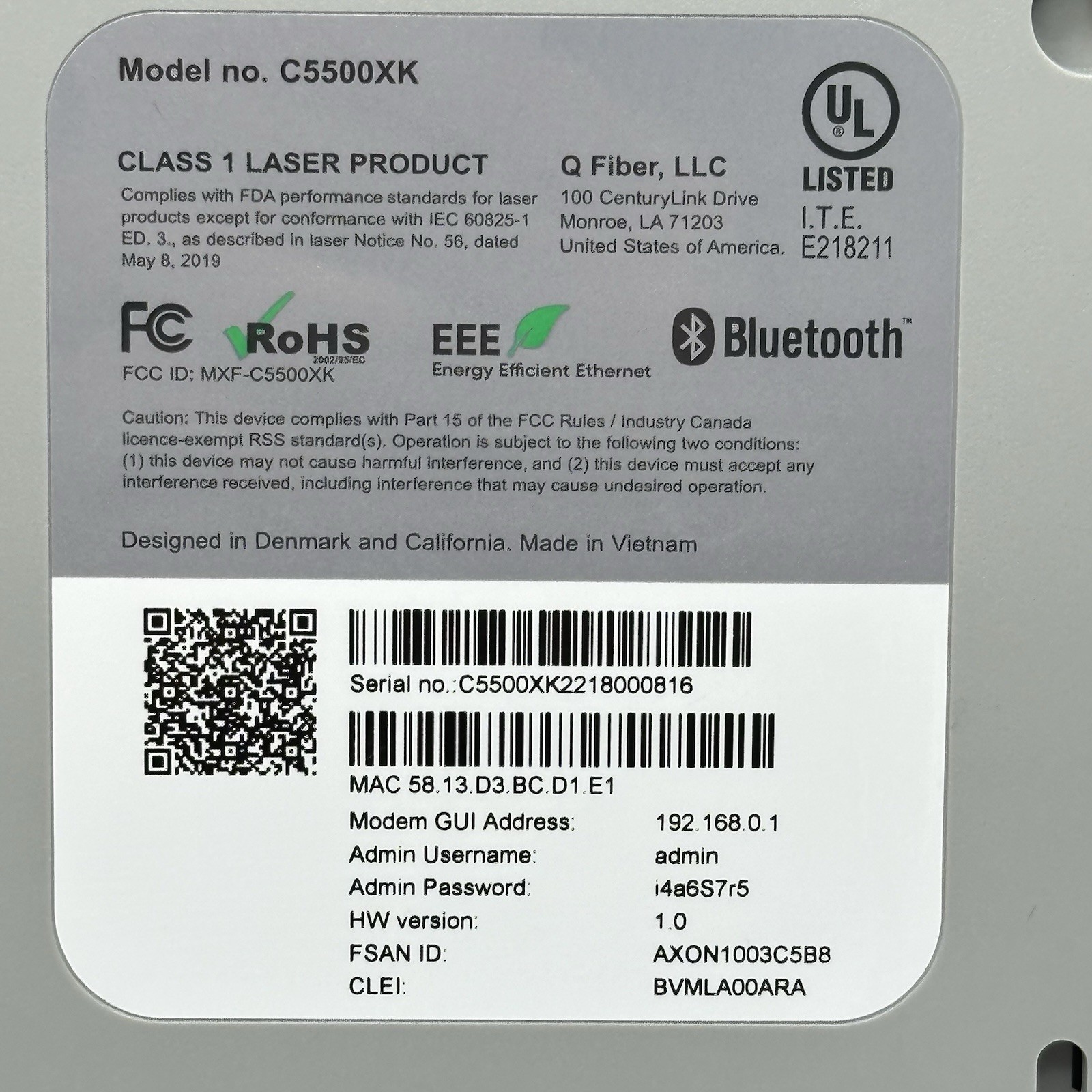 Quantum Fiber C5500XK High Performance Modem no Power Adapter