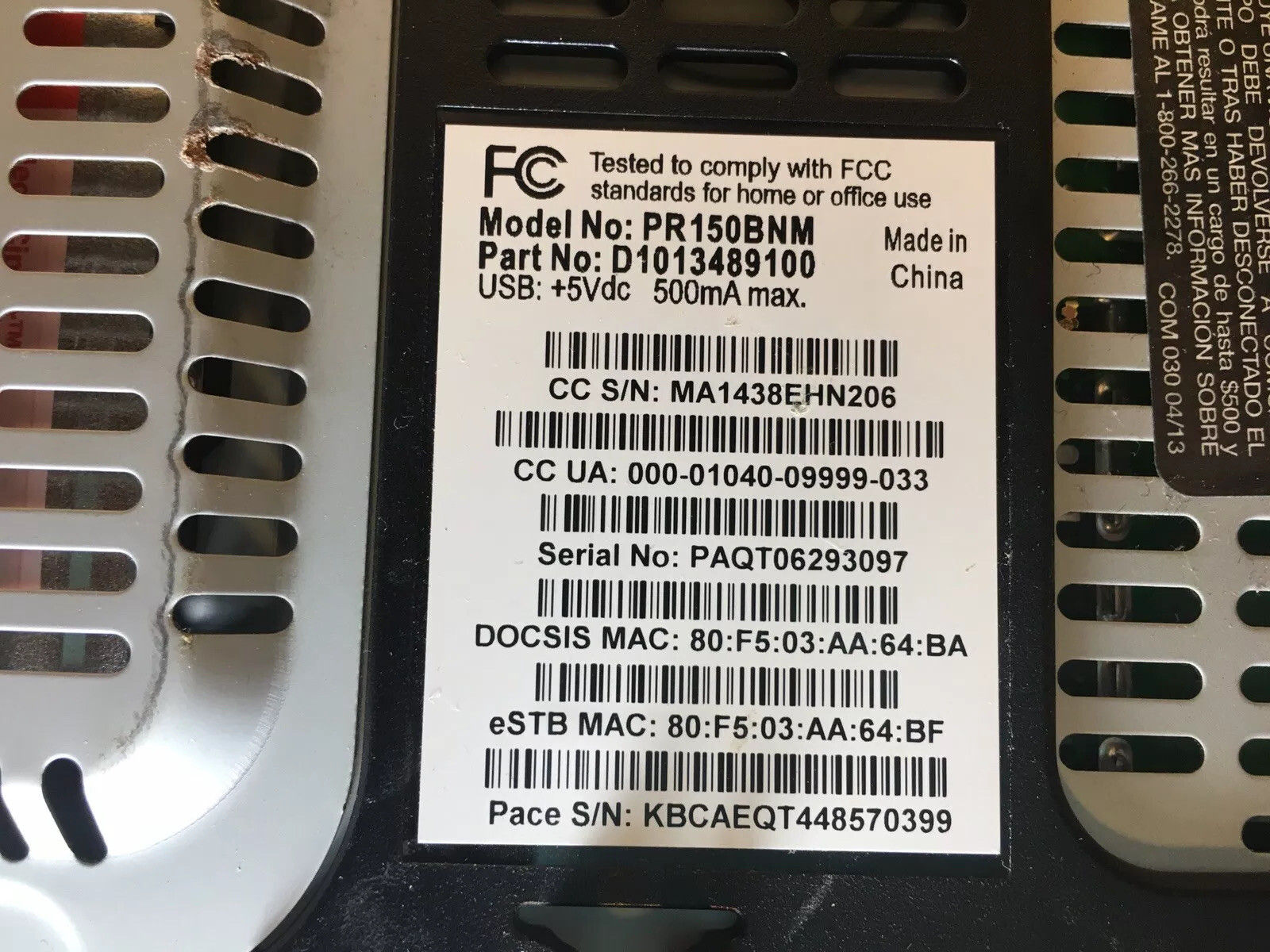 Comcast Xfinity Modem, Model PR150BNM, Without Power Cord
