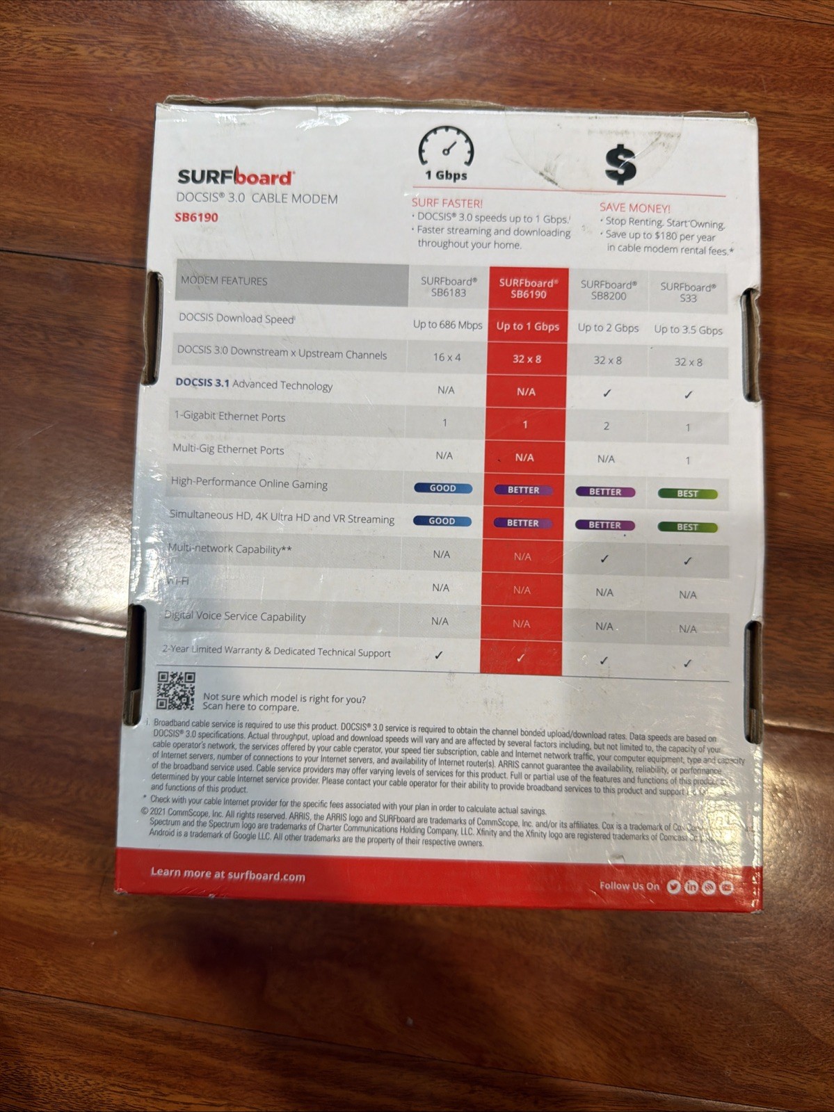 NEW ARRIS SURFboard SB6190 DOCSIS 3.0 Cable Modem 32×8 Gigabit Xfinity Cox