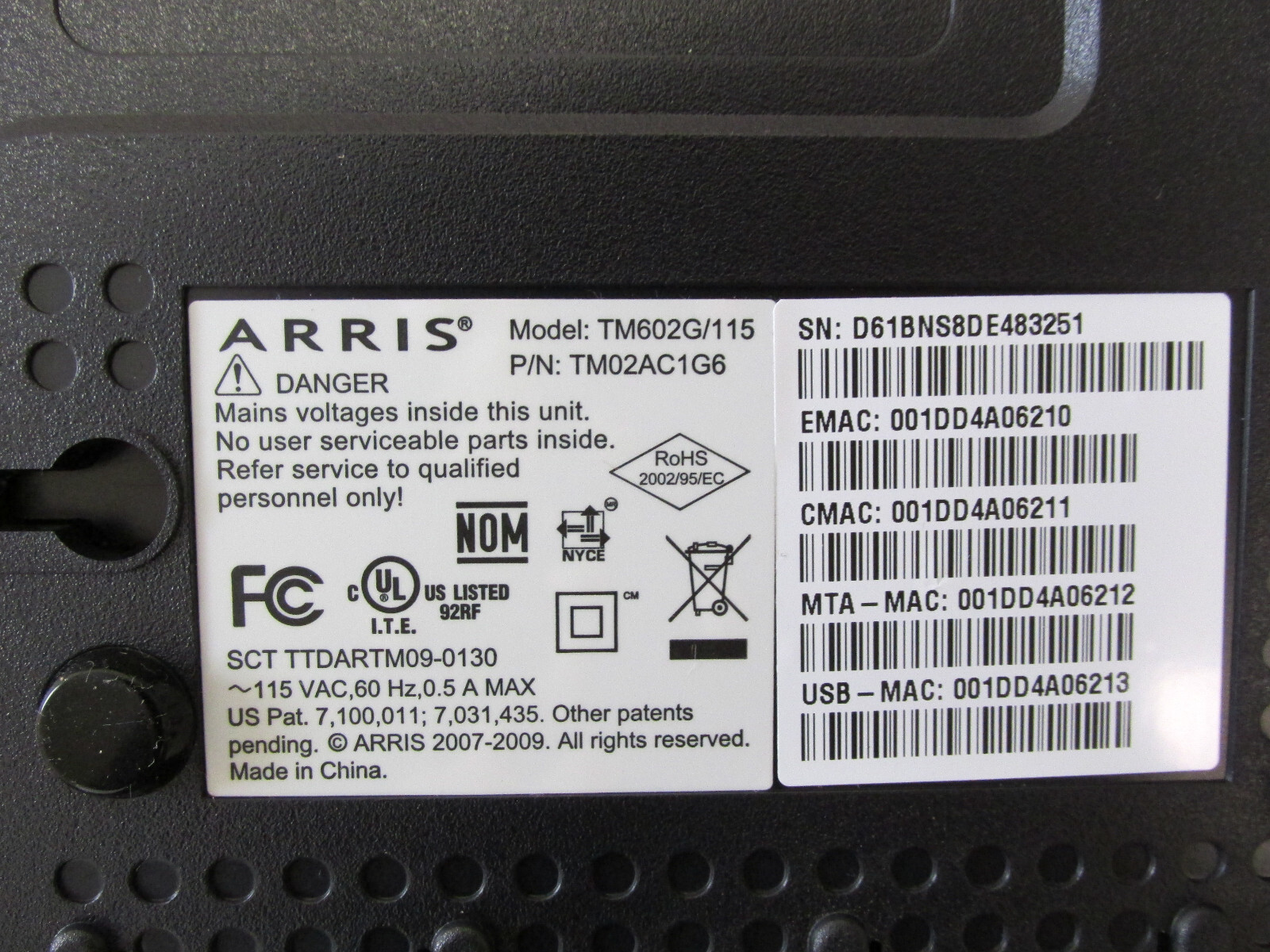 ARRIS TM602G/115 TOUCHSTONE TELEPHONY MODEM (NEW)