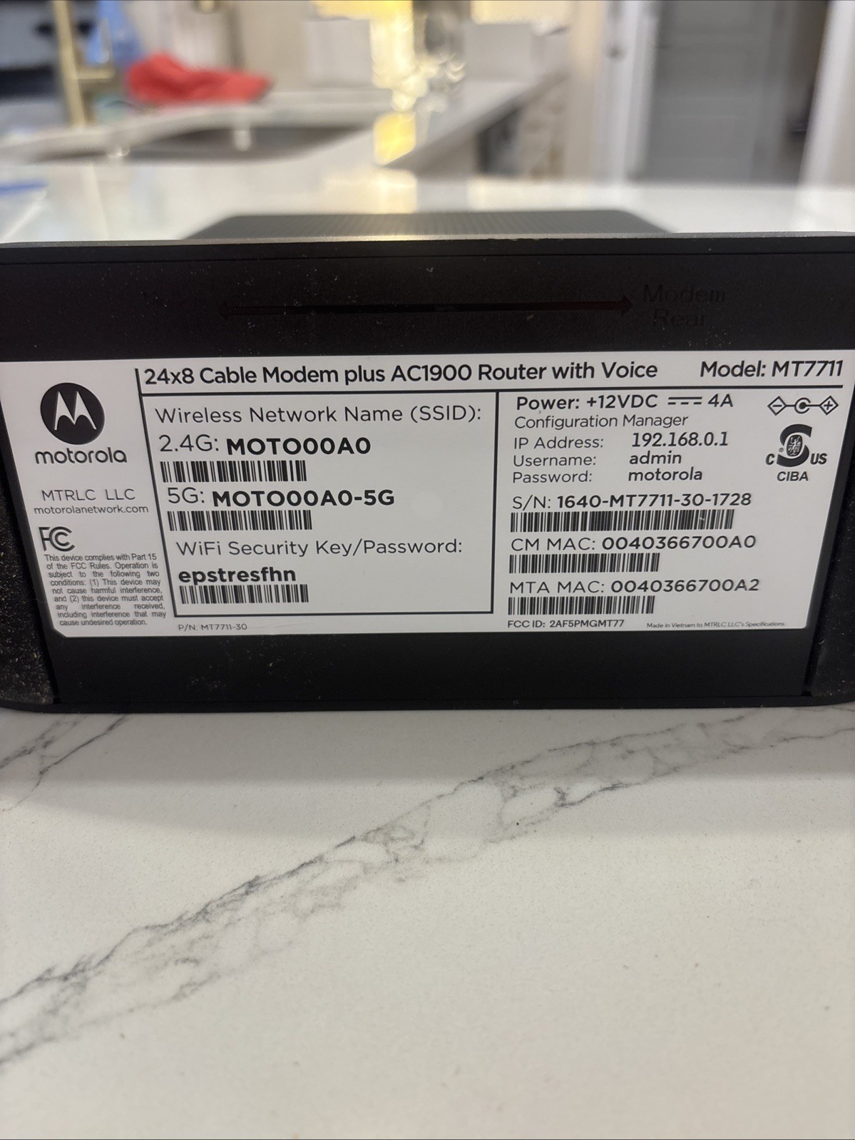 Motorola MT7711 Cable Modem Plus AC1900 Router With Voice