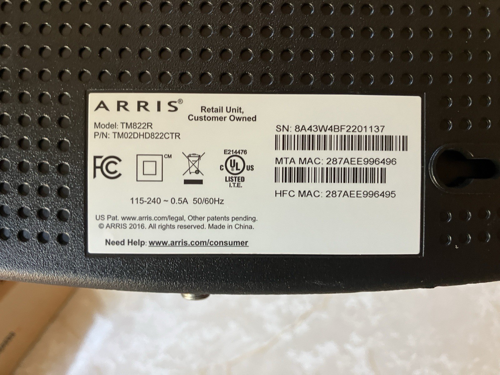 ARRIS Internet & Voice Modem – Model TM822R, Black