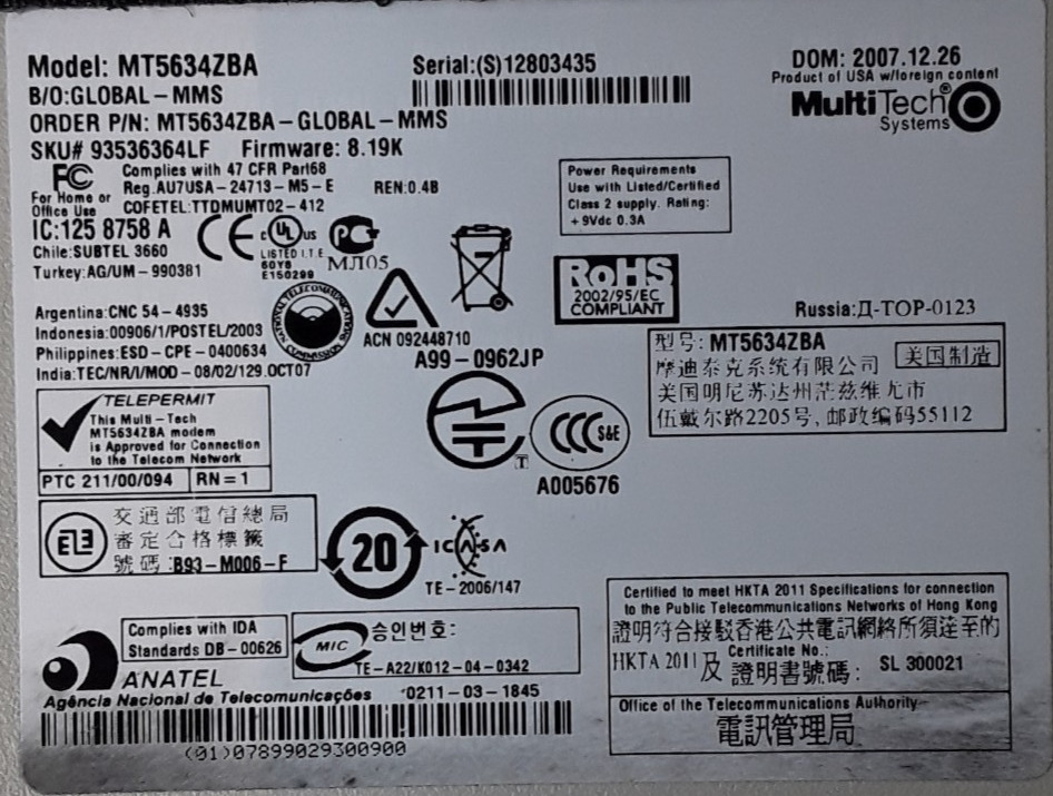 MULTITECH MULTIMODEM MT5634ZBA V.92 DATA/FAX MODEM 56K