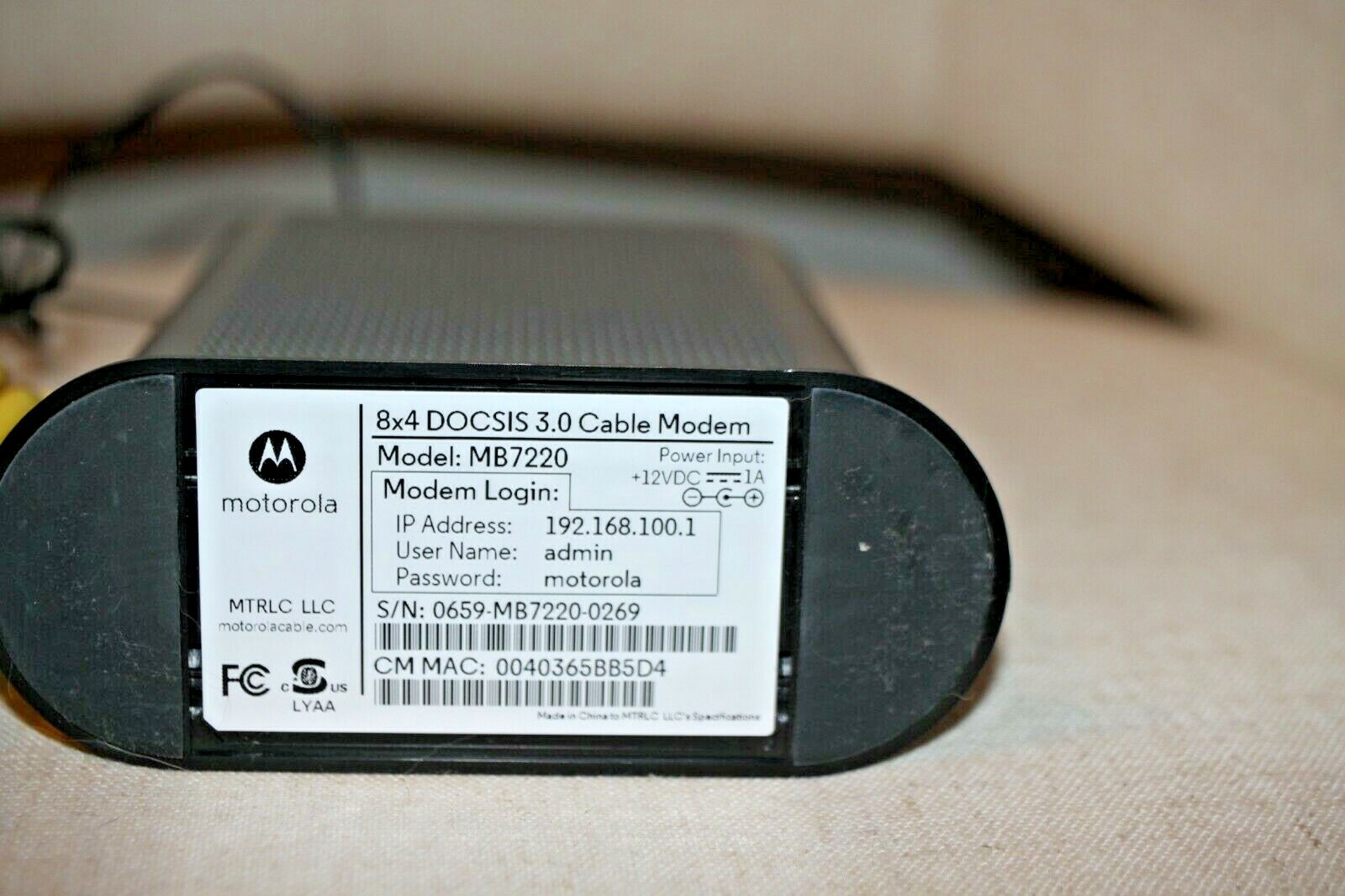 Motorola Cable Modem MB7220 8X4 Mbps DOCSIS 3.0 High Speed To Many Devices