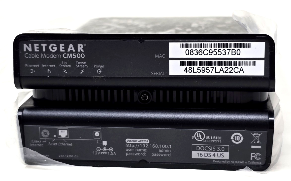 NetGear High Speed Cable Modem CM500 Quick Install Guide Power Adapter 680 Mpbs