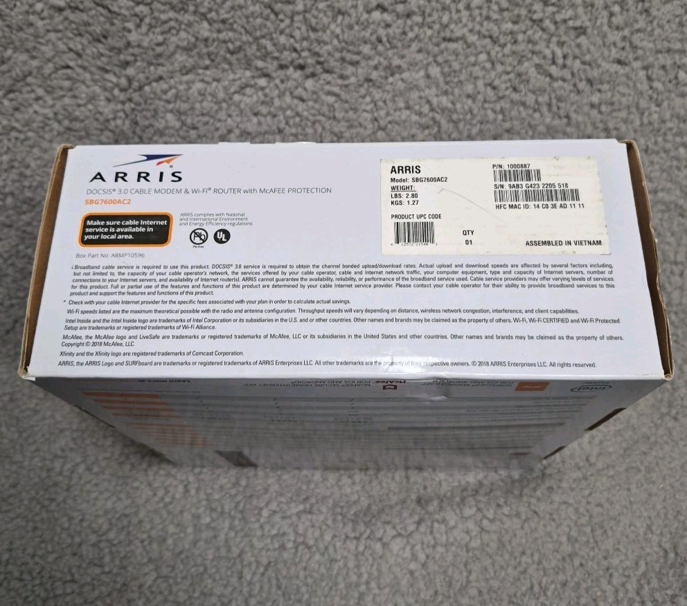 ARRIS SURFboard SBG7600AC2 32×8 DOCSIS 3.0 Cable Modem AC2350 Wi-Fi Router EUC