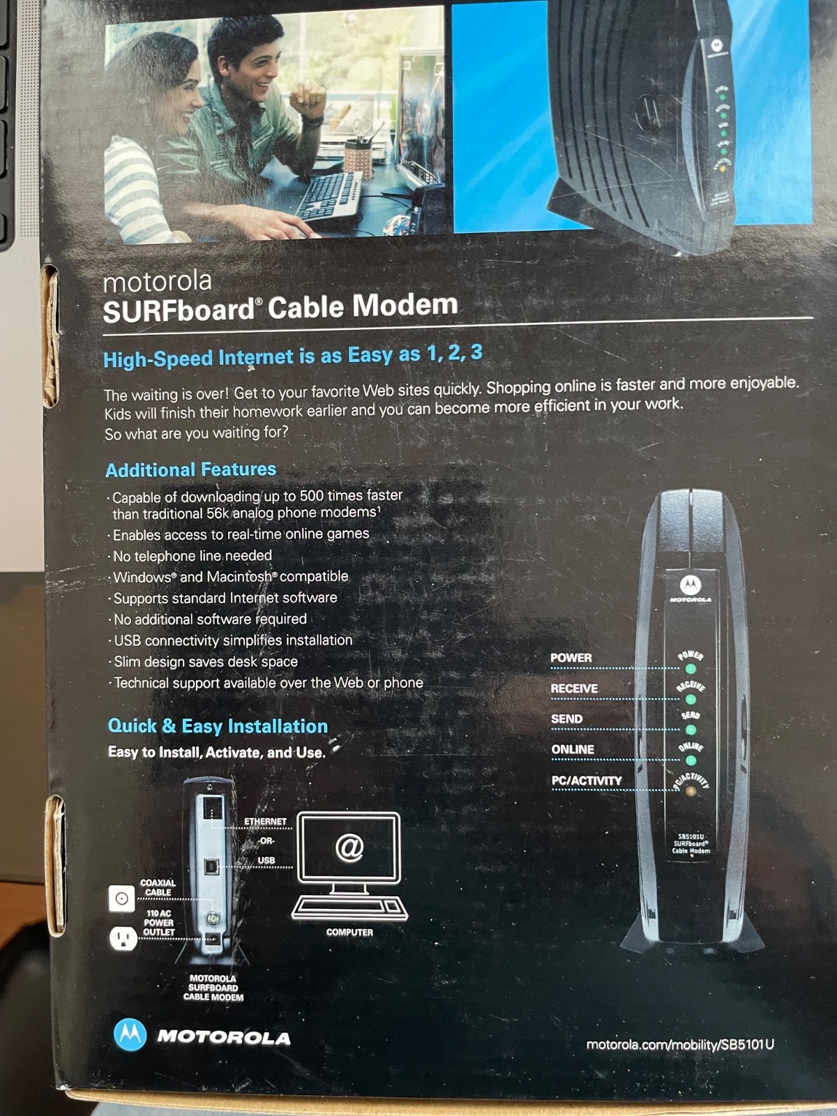 MOTOROLA Surfboard Cable Modem Model:SB5101U Cable Modem-box, disk, connectors
