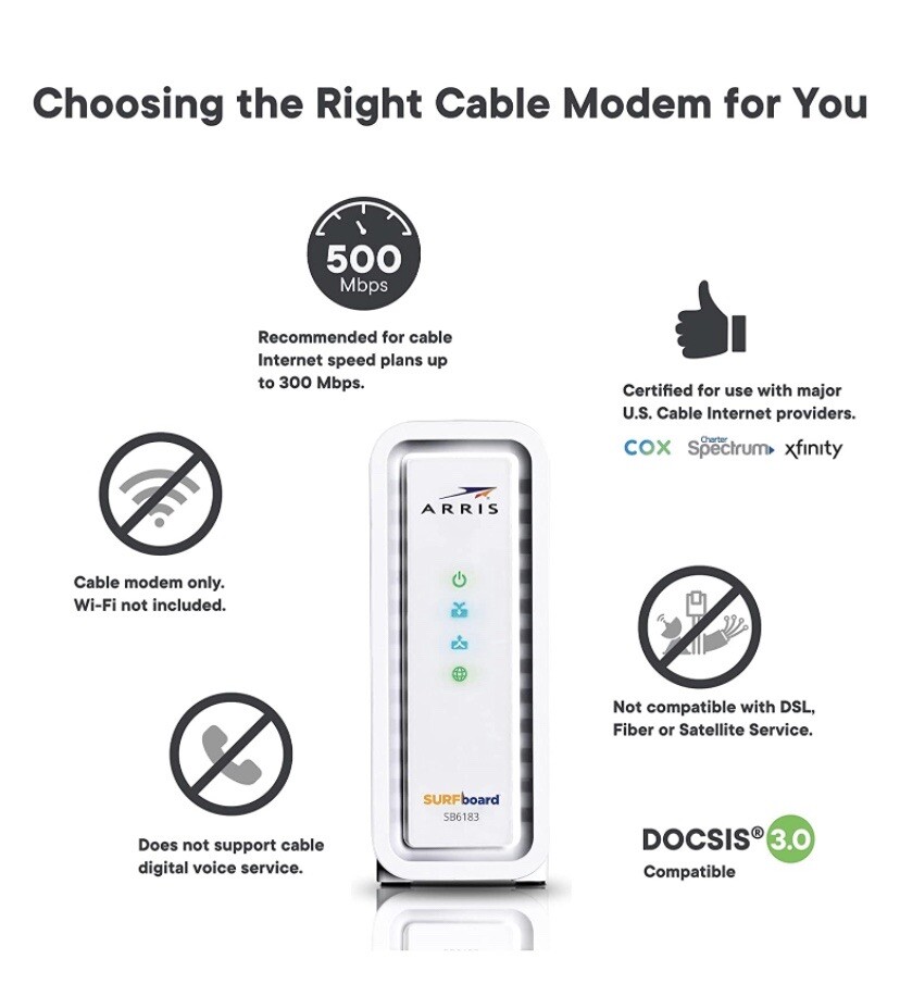 Arris SB6183 Surfboard Docsis 3.0 686 Mbps Cable 16X4 Channels Modem W/ Cords