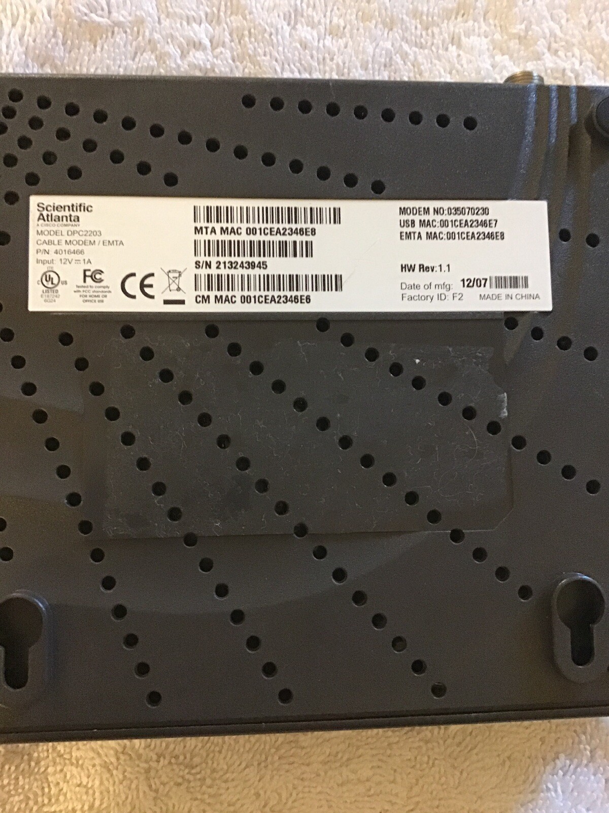 Scientific Atlanta Cisco Co. DPC2203 Cable Modem Pin 4016466 **MODEM ONLY**