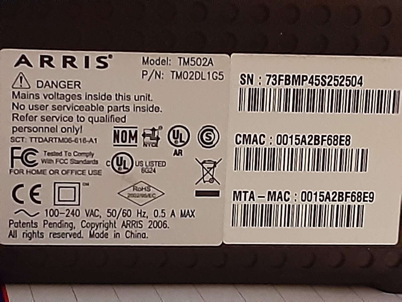 Arris Touchstone Upgradeable Model: TM502A Cable Telephony Modem