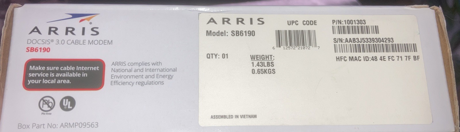 ARRIS SURF board SB6190 DOCSIS 3.0 32 x 8, 1.4 Gigabit Cable Modem – NEW