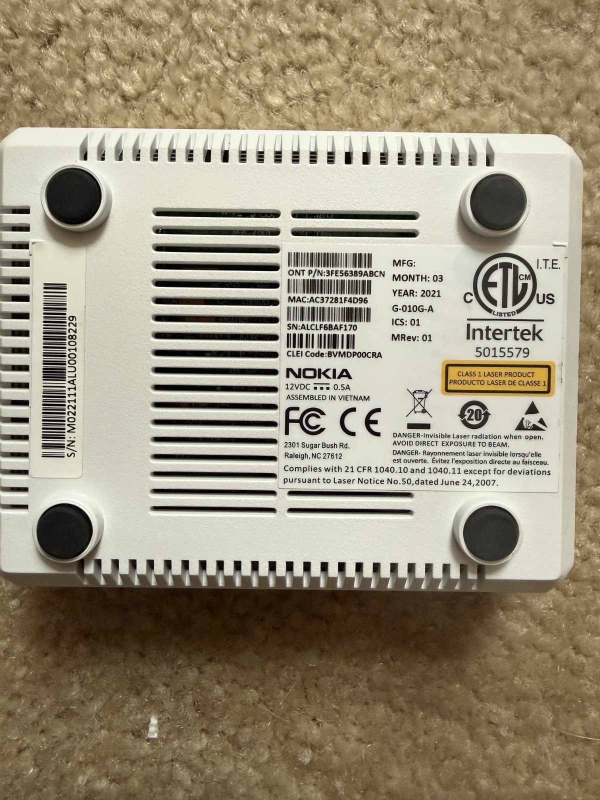 Nokia Intertek 3FE56389ABCN Optical Network Terminal G-010G-A Year 2021