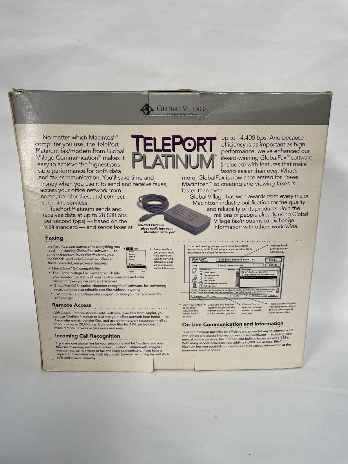 Global Village TELEPORT PLATINUM 33.6 KBPS fax/modem Power Macintosh – Complete