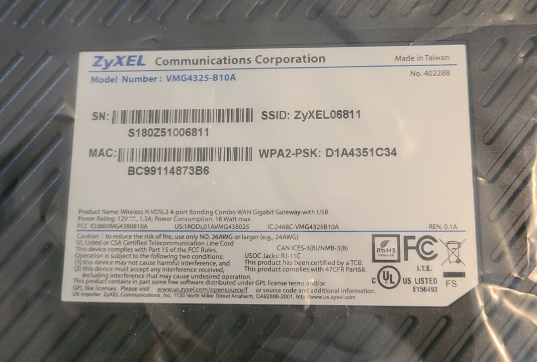 Wireless 4-Port Modem Gigabit Gateway with USB Model VMG4325-B10A (ZyXEL)