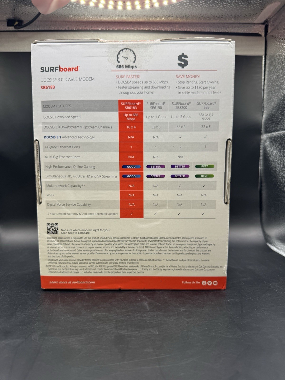 ARRIS SURFboard SB6183 DOCSIS 3.0 Cable Modem -Xfinity Spectrum COX – BLACK