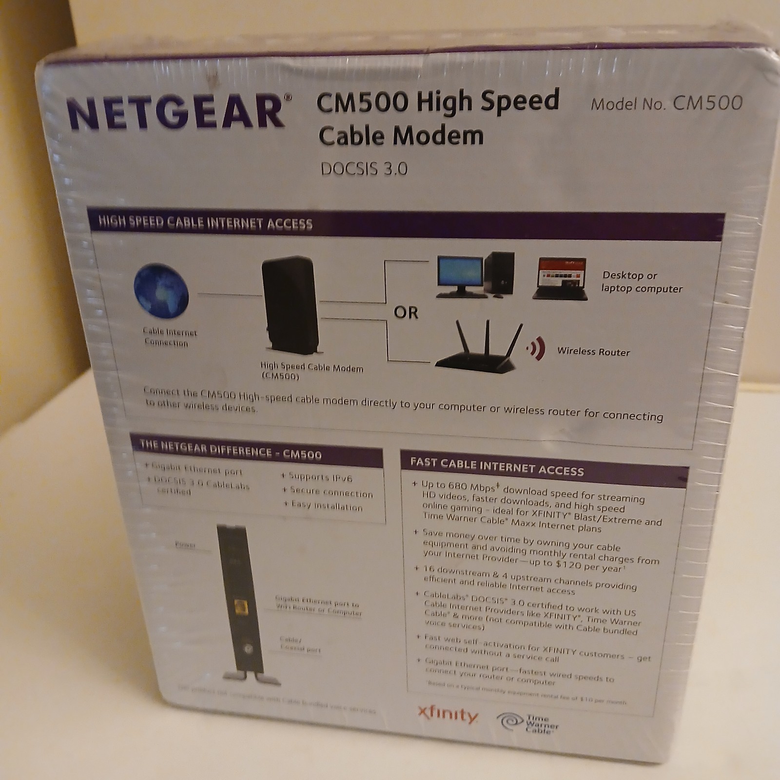 NIB NETGEAR CM500 Cable Modem (CM500100NAS) 680 Mbps with Power & Ethernet Cord