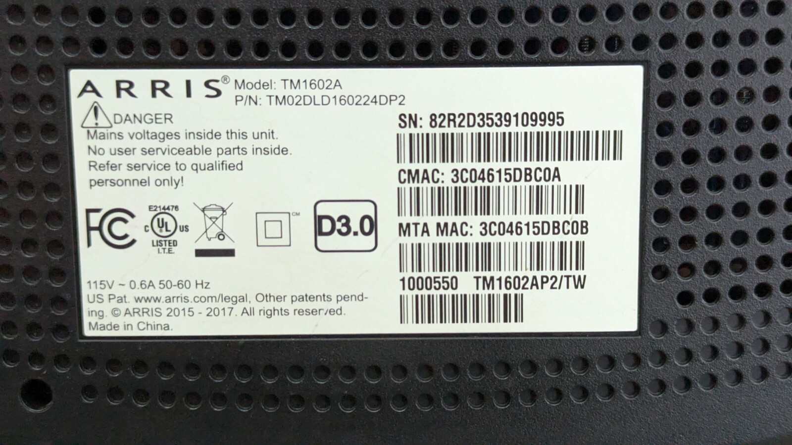 ARRIS Touchstone TM1602A DOCSIS 3.0 E-MTA with Power & Ethernet Cable