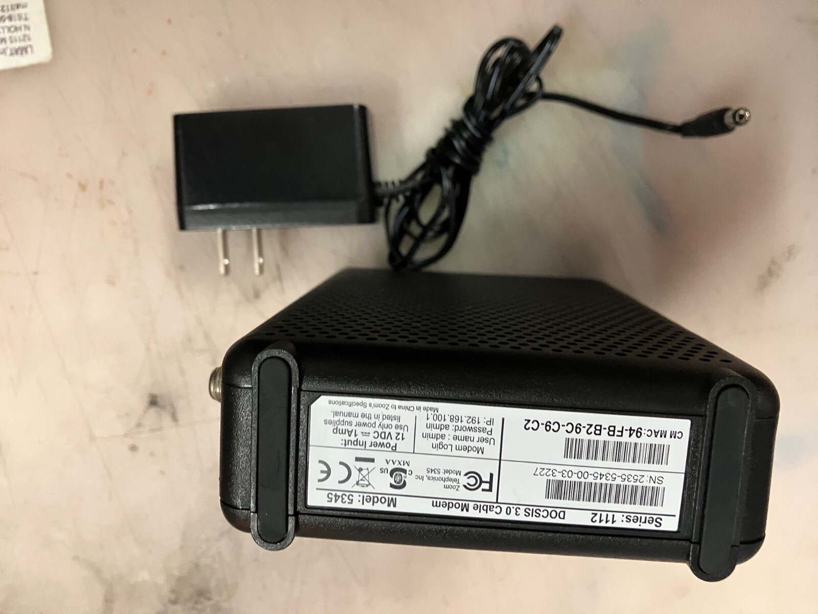 Zoom 5345 Series 1112 Docsis 3.0 Cable Modem Bundled with power adapter