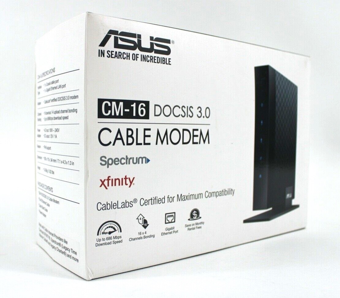 Asus CM-16 DOCSIS 3.0 Cable Modem Gigabit LAN 686Mbps w Power Cord & Ethernet