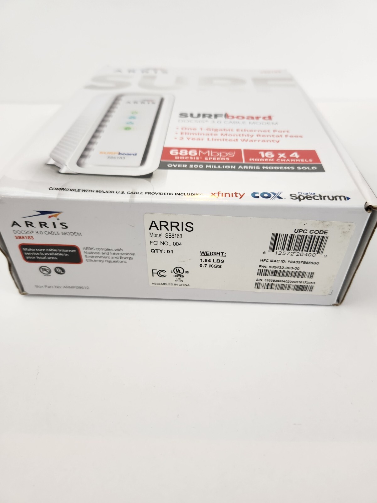ARRIS SURFboard SB6183 Cable Internet Modem Gaming Speed White NEW Open Box