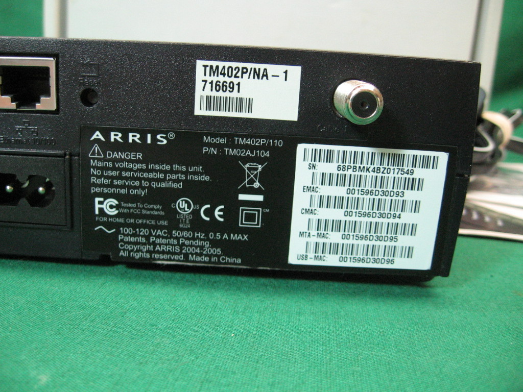 ARRIS TM402P cable PC MAC modem USB ethernet VOIP tele phone phony, CD