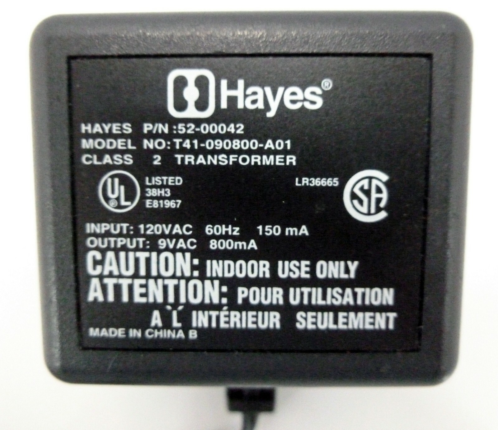 Hayes Power Adapter 52-00042 Model No. T41-090800-A01