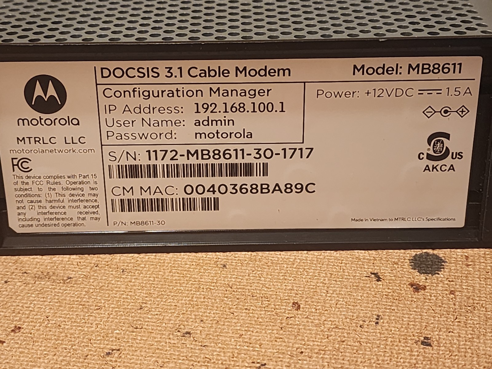 Motorola DOCSIS 3.1 Cable Modem Model MB8611 – Free shipping