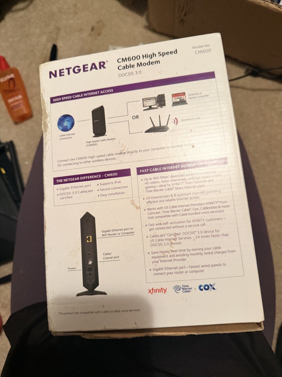 NETGEAR CM600 DOCSIS 3.0 Cable Modem 960 Mbps Ethernet Cable/Coaxial Port