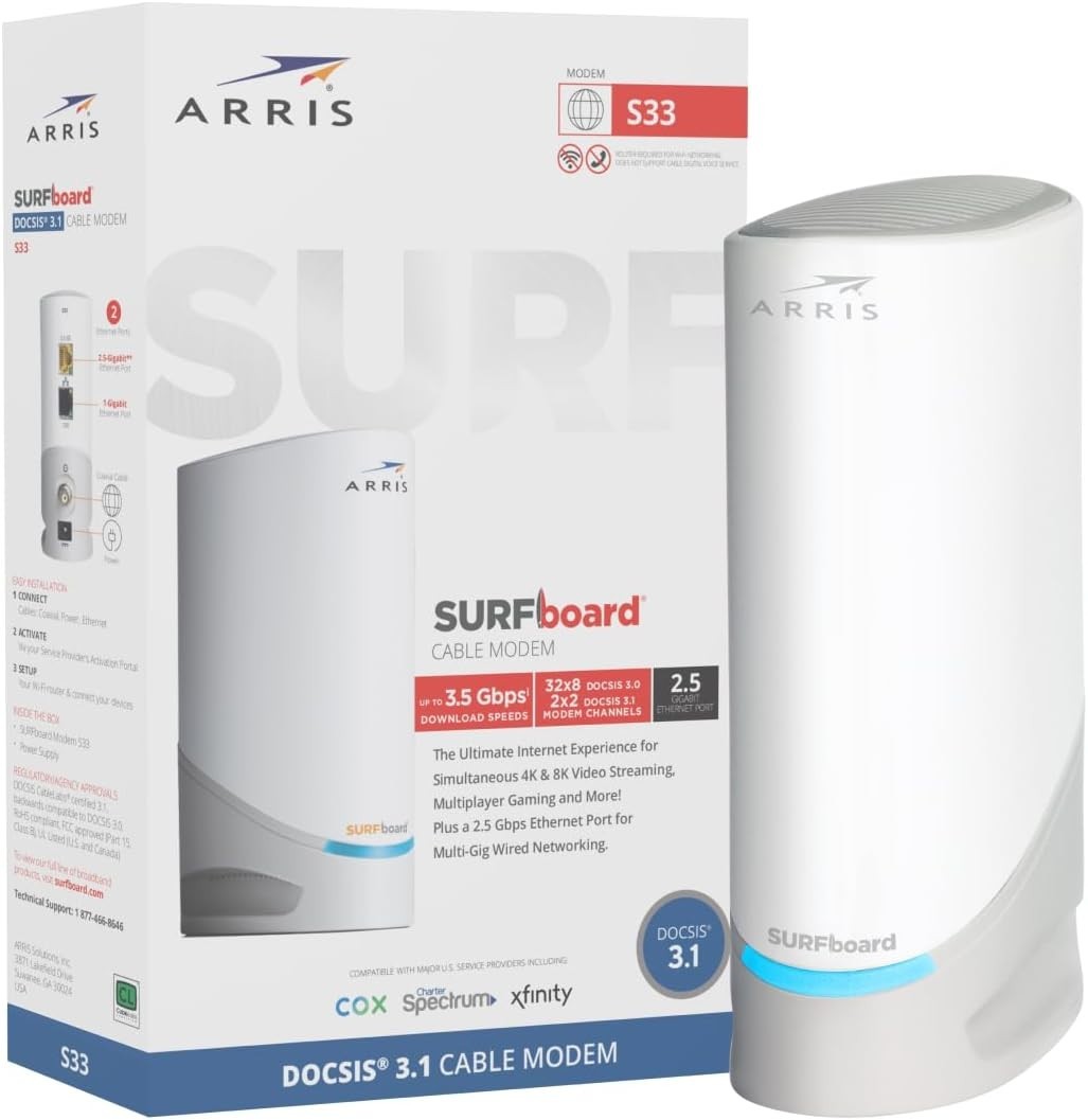 Arris (S33-RB) – Cable Modem – DOCSIS 3.1 Multi-Gigabit Cable Modem for Comcast
