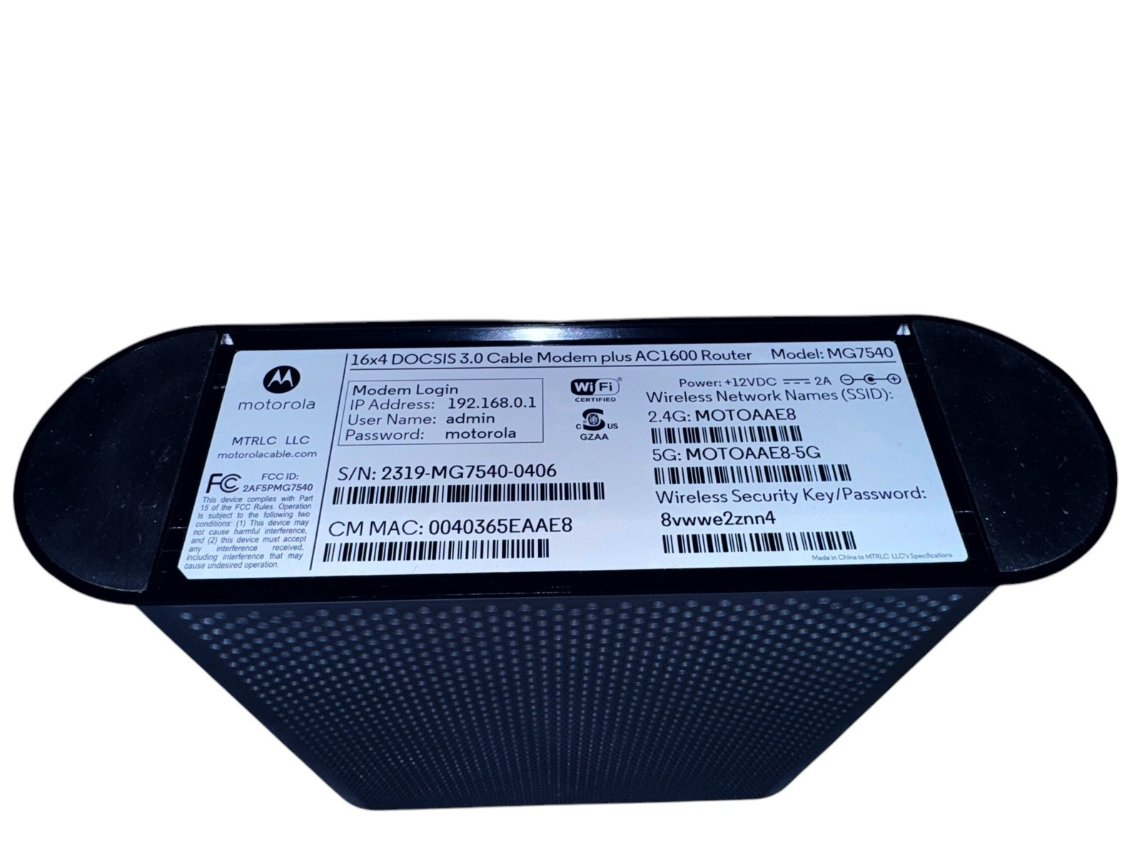 Motorola MG7540-10 16×4 Cable Modem In Box – Black