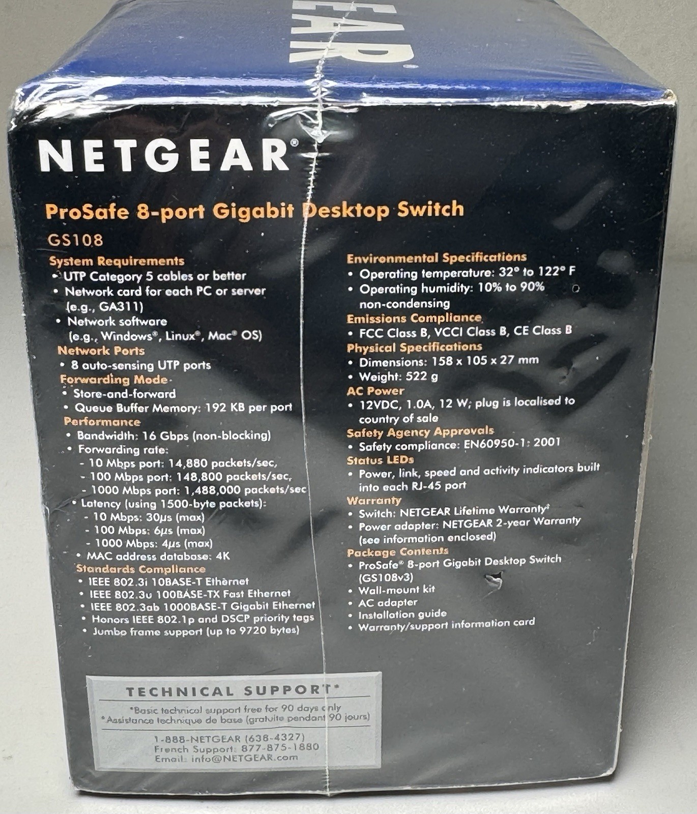 Netgear Prosafe 8 Port Gigabit Switch GS108 10/100/1000 Mbps NEW