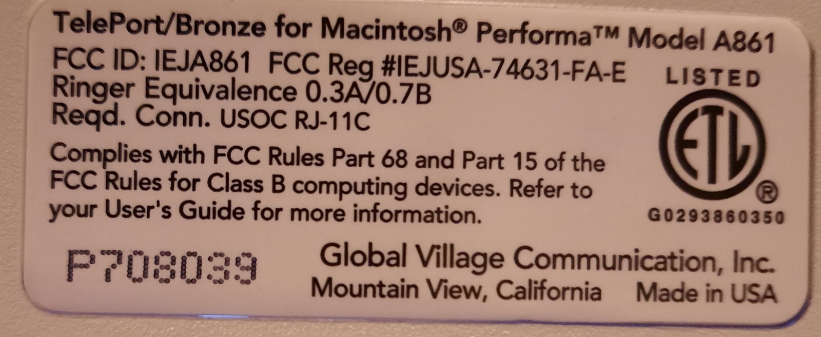 Global Village Teleport/Bronze Fax/Modem A861 for Mac Performa with manuals & SW