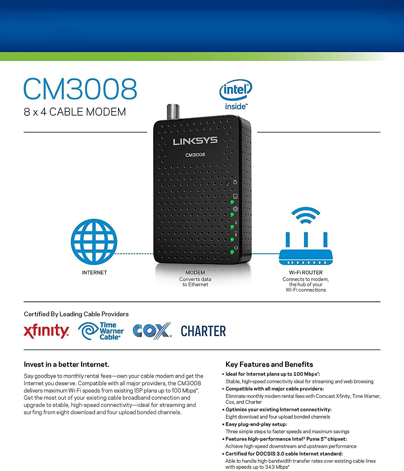 Linksys DOCSIS 3.0 8×4 Cable Modem Certified with Comcast Xfinity, Spectrum, Cox