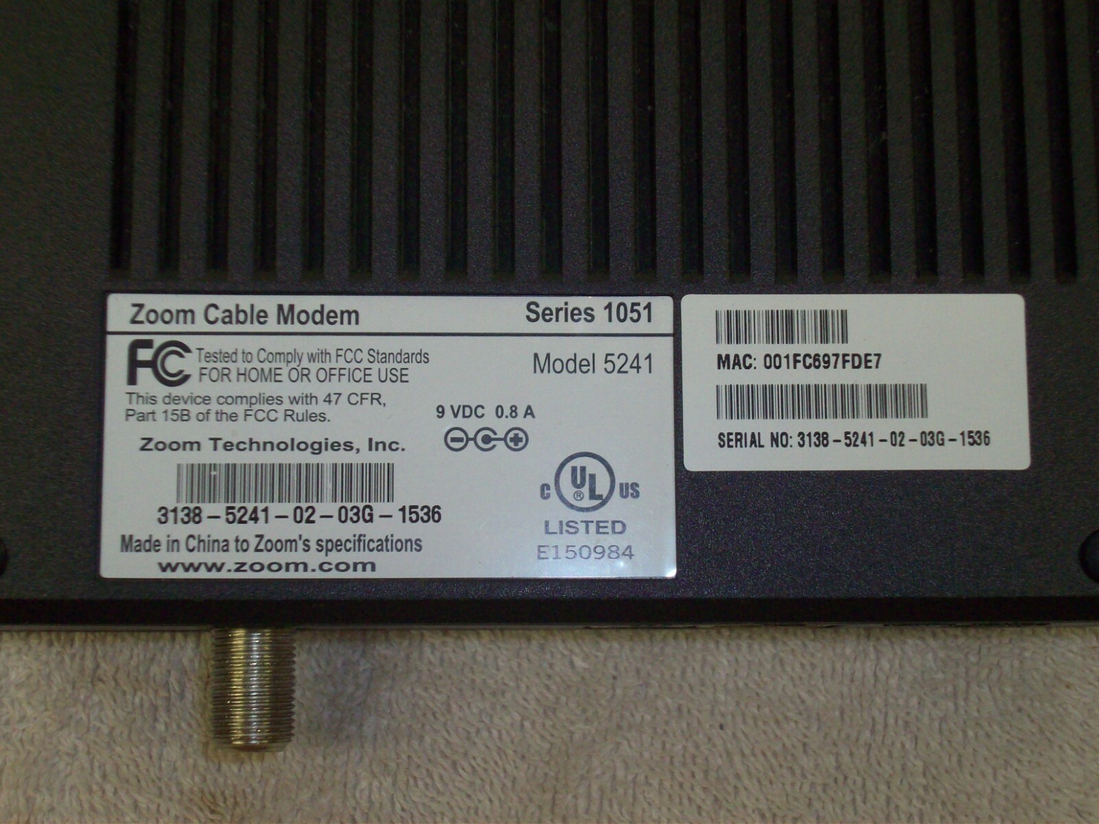 Zoom Cable Modem Model 5241