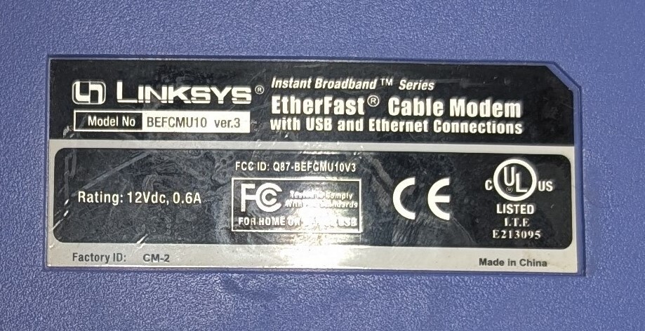 Linksys BEFCMU10 v3 Cable Modem Tested Working No Power Cord Parts As-Is
