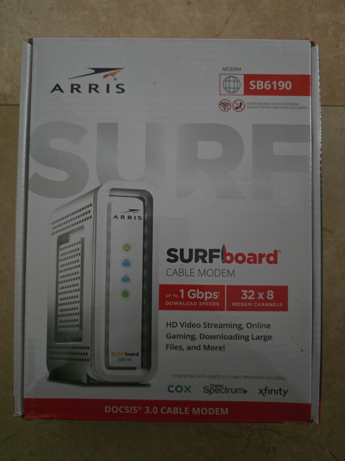 ARRIS SURFboard DOCSIS 3.0 Cable Modem SB6190 32×8 Channels 1 Gbps DL White