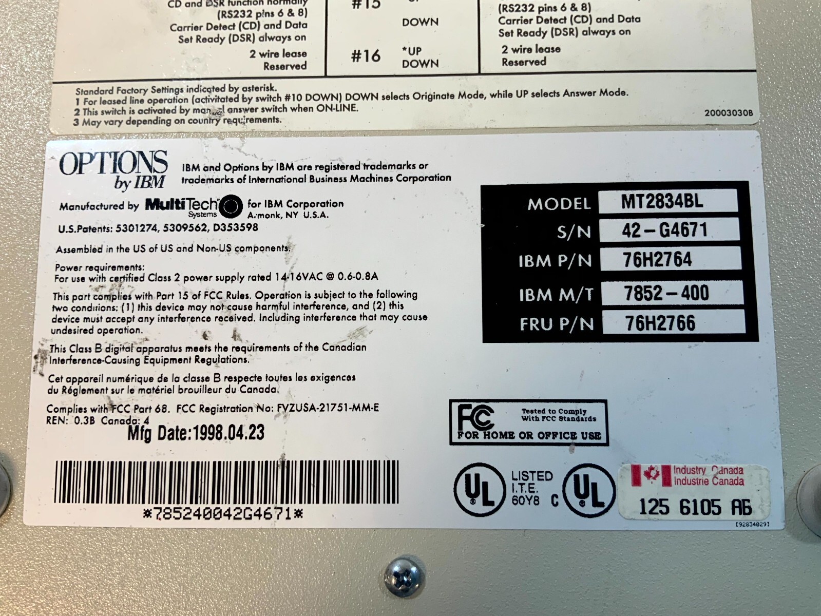 MultiTech Systems MT2834BL Intelligent Data/Fax Modem 33.6 Kbps For Parts (N2D*)