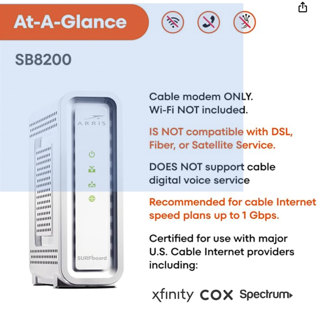 ARRIS (SB8200) – Cable Modem – Fast DOCSIS 3.1 32×8 Gigabit Cable Modem