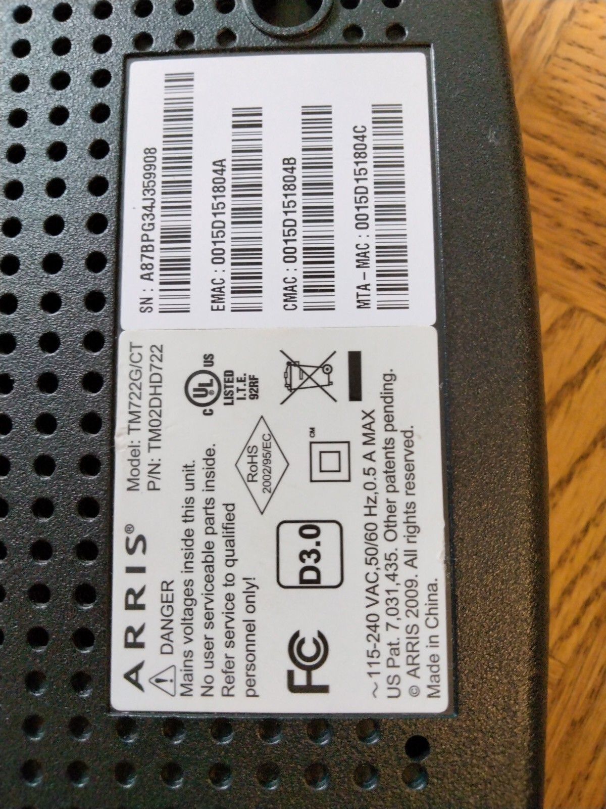 Arris TM722 Telephony Modem DOCSIS 3.0 Reverse Compatability | No Power Cable