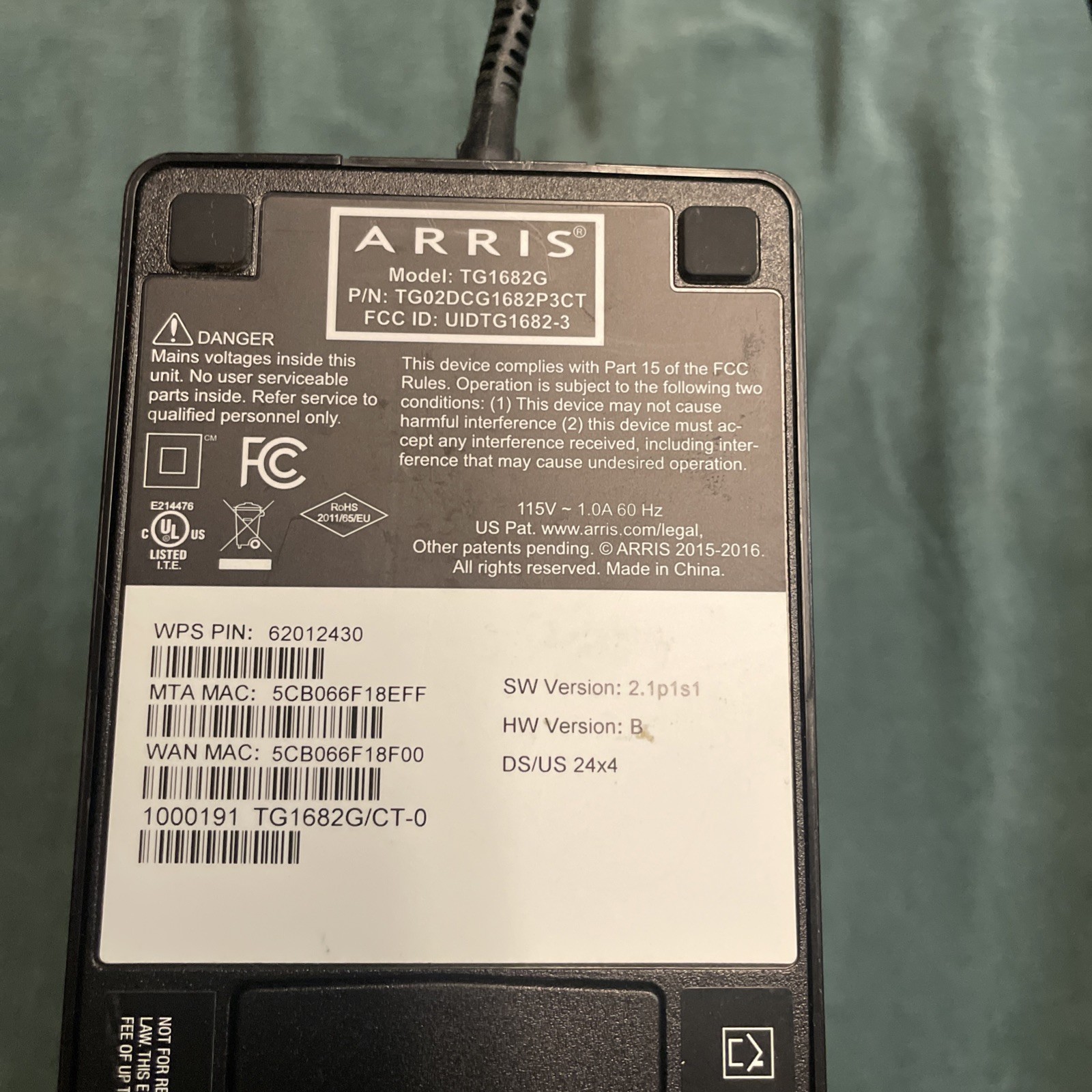 Xfinity Arris TG1682G Dual Band WiFi Telephone Cable Modem With Cords