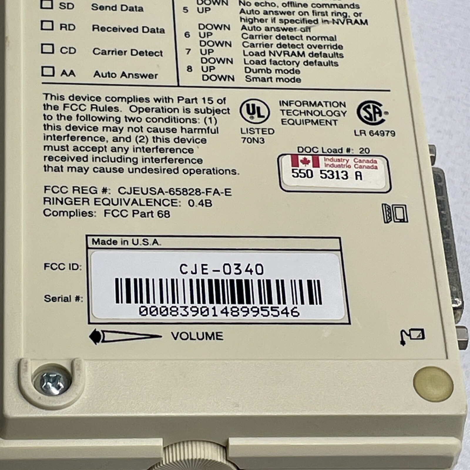 Modem Fax US Robotics Sportster 28,000 1995 UNTESTED