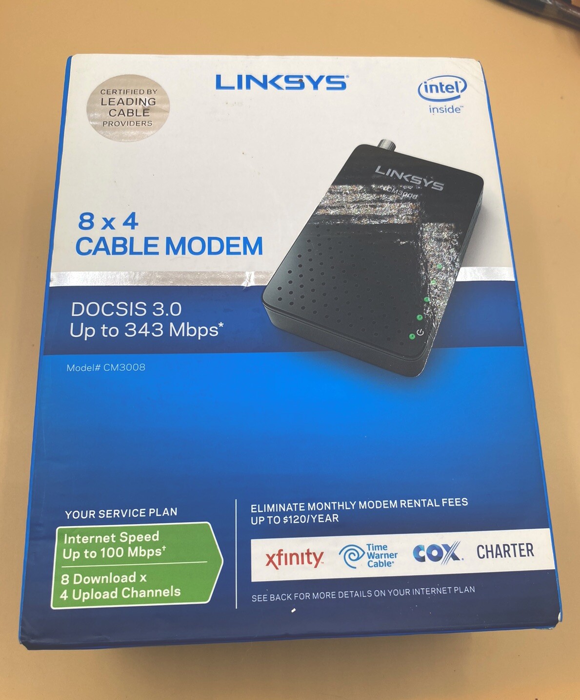 Linksys Model CM3008 Cable Modem DOCSIS 3.0 Bonded Channels Up To 343 Mbps