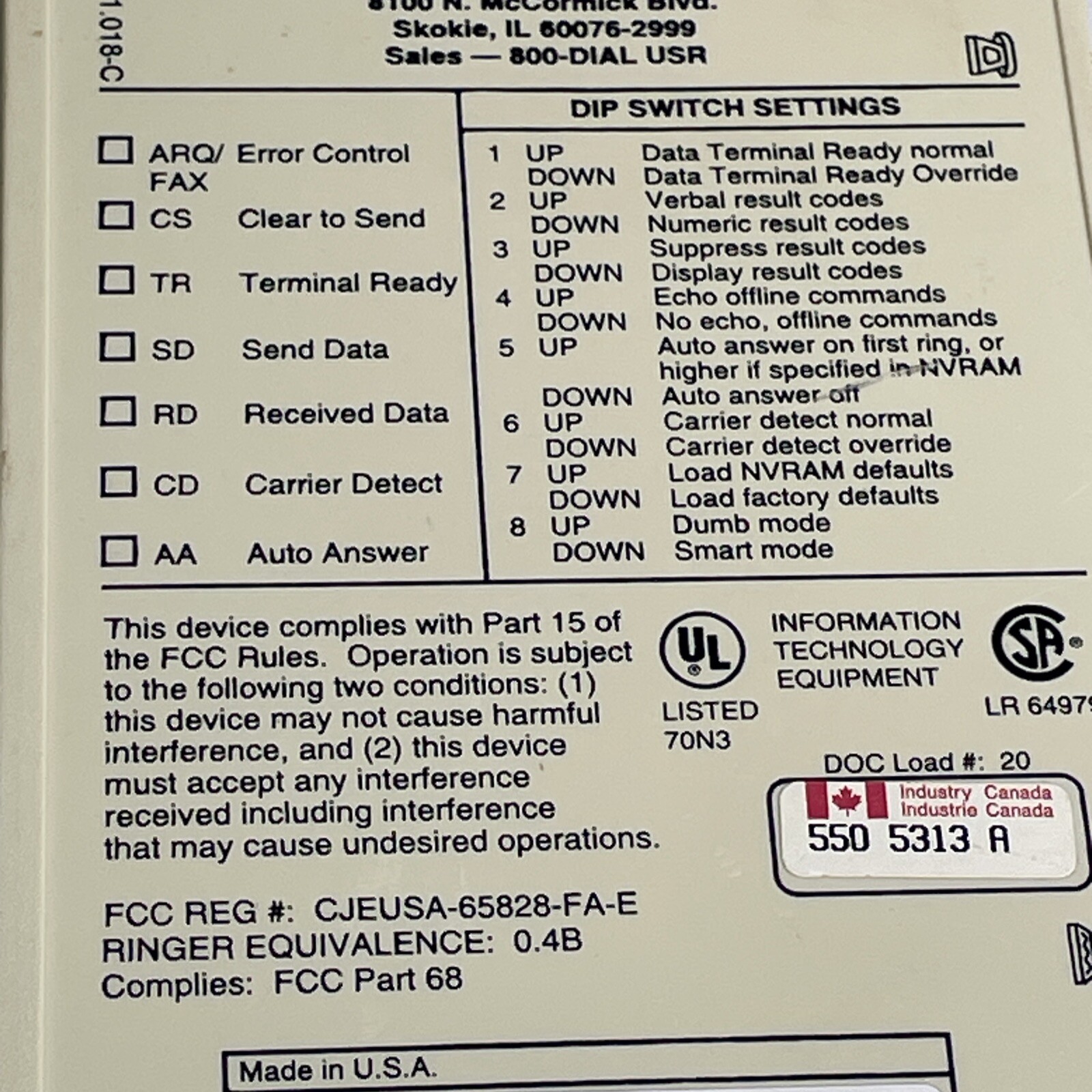 Modem Fax US Robotics Sportster 28,000 1995 UNTESTED