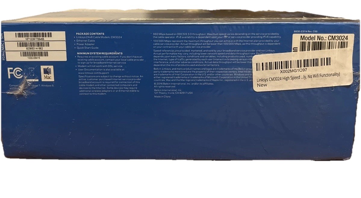 Linksys 24×8 Cable Modem CM3024 Intel Inside 960 Mbps Bonus Coax Cable NEW