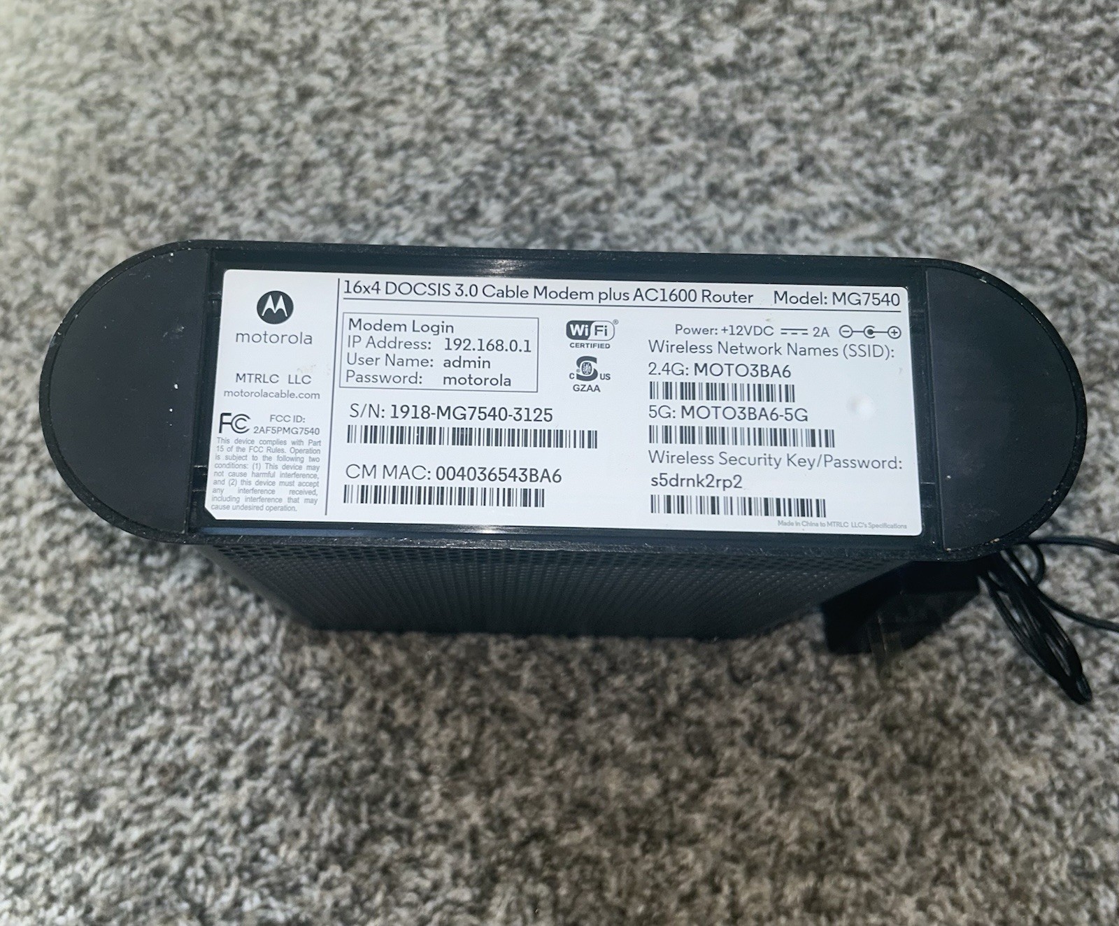Motorola 16×4 Cable Modem Model MG7540 with Power Cord