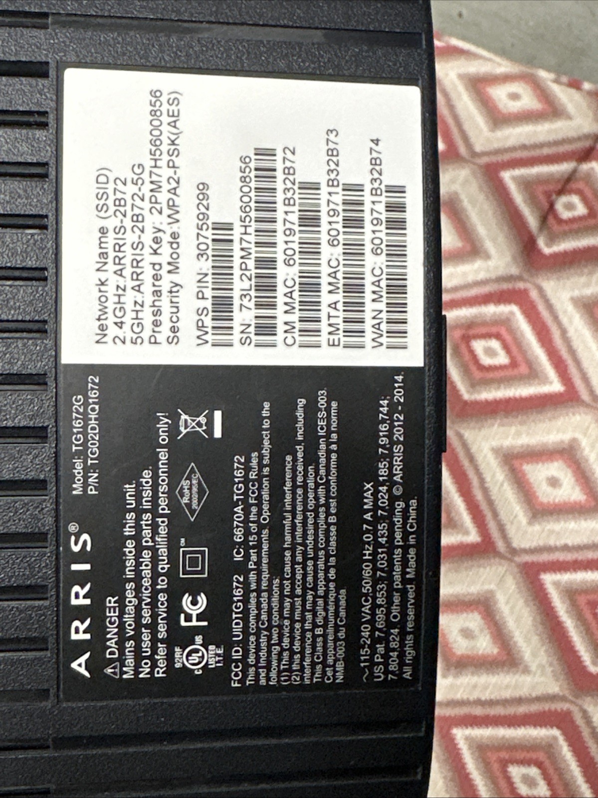 Arris TG1672G Gateway WIFI 2.5GHz – 5.0GHz 4 Port Modem