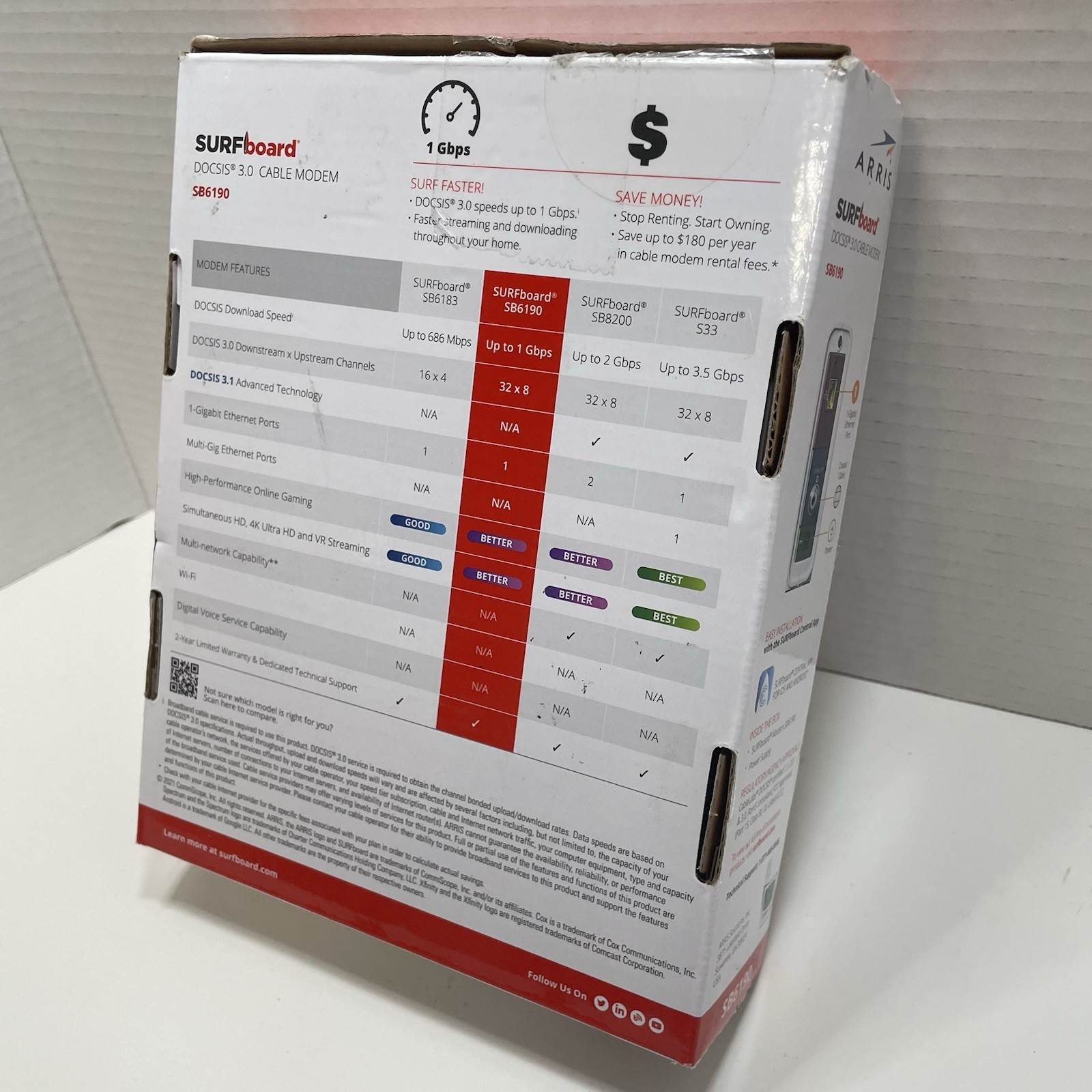 ARRIS SURFboard SB6190 32 x 8 DOCSIS 3.0 Cable Modem – White