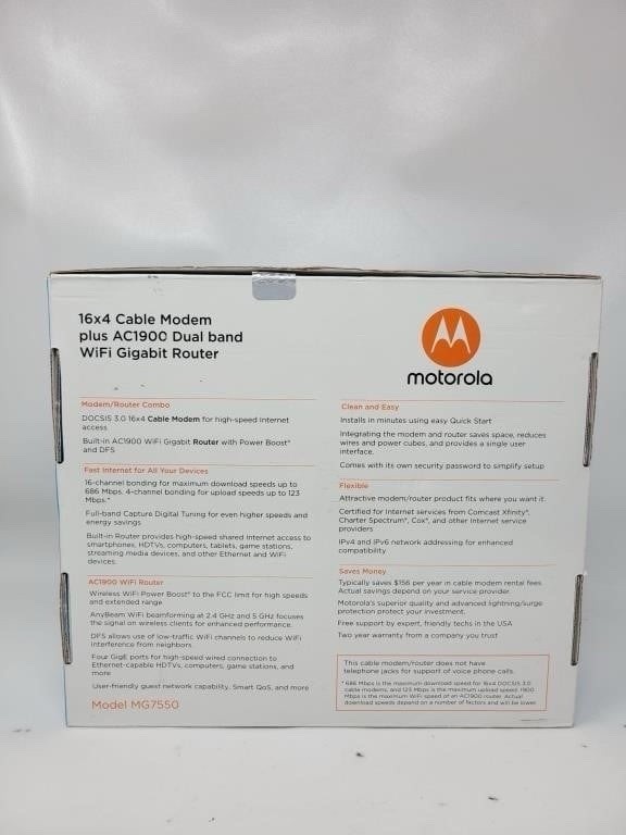 Motorola MG7550 16×4 DOCSIS 3.0 Cable Modem Plus AC1900 WiFi Router *OPEN BOX*